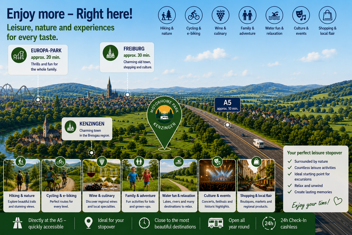 Graphic: leisure options around Kenzingen – Europa-Park 20 min., Freiburg 30 min., Lake Constance 45 min., hiking, cycling, wine & culinary, family, swimming, culture, shopping