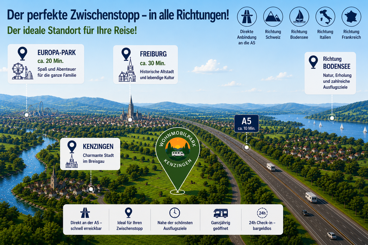 Karte: Wohnmobilpark Kenzingen direkt an der A5 – ca. 20 Min. zum Europa-Park, 30 Min. nach Freiburg, 45 Min. zum Bodensee, mit Anbindung Richtung Schweiz, Frankreich und Italien